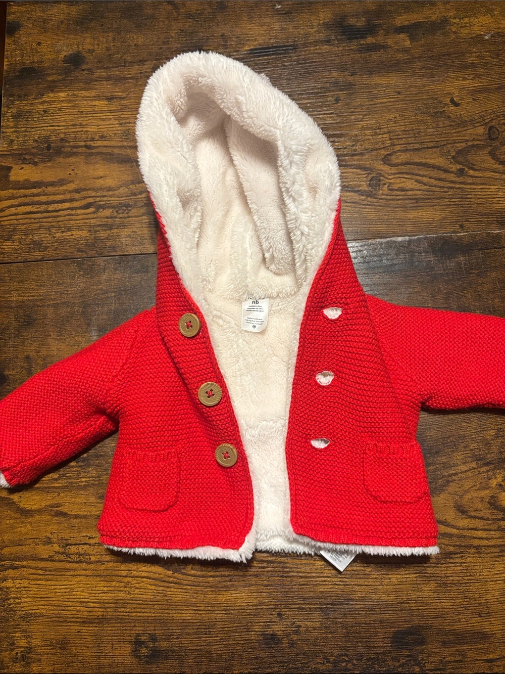 Carter's Red Knit Hooded Pea Coat with Cream Sherpa Lining